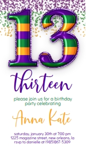 Birthday Foil Balloon Mardi Gras 13 Text Invite: Birthday Foil Balloon Mardi Gras 13
