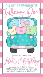 Valentine Birthday Aqua truck pastel Text Invite: Valentine Birthday Aqua truck pastel