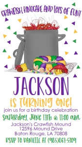 Mardi Gras Crawfish King Cake Birthday Text Invite: Mardi Gras Crawfish King Cake Birthday Invitation