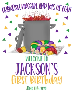 Mardi Gras Crawfish King Cake Birthday Welcome Sign: Mardi Gras Crawfish King Cake Birthday Invitation