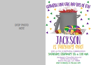 Mardi Gras Crawfish King Cake Birthday Photo Invitation: Mardi Gras Crawfish King Cake Birthday Invitation