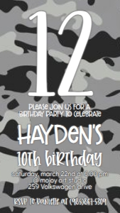 Birthday Number Camo Grey Text Invite: Birthday Number Camo Grey