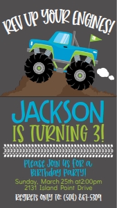 Birthday Monster Truck Blue Text Invite: Birthday Monster Truck Blue 240770706