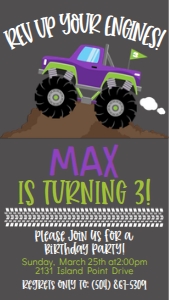 Birthday Monster Truck Purple Text Invite: Birthday Monster Truck Purple