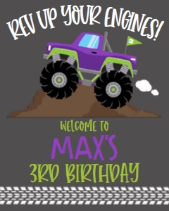 Birthday Monster Truck Purple Welcome Sign: Birthday Monster Truck Purple