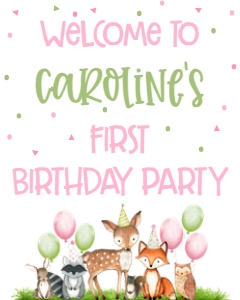 Birthday Woodland Party Animals Pink Welcome Sign: Birthday Woodland Party Animals Pink