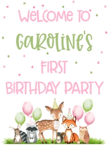 Birthday Woodland Party Animals Pink Welcome Sign 18x24: Birthday Woodland Party Animals Pink