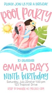 Birthday Flamingo float Pool Party Text Invite: Birthday Flamingo float Pool Party