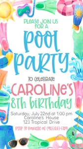 Birthday Pool Party Border Text Invite: Birthday Pool Party Border Invite