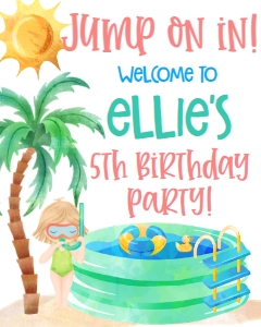 Birthday Pool Party Scuba Girl Welcome Sign: Birthday Pool Party Scuba Girl
