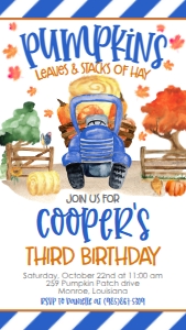 Birthday Farm Pumpkin Truck Blue Text Invite: Birthday Farm Pumpkin Truck Blue