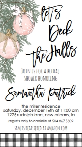 Christmas Bridal Shower Ornament Deck the Halls Pink Text Invite: Christmas Bridal Shower Ornament Deck the Halls Pink