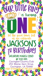 Mardi Gras Birthday King Crown 1st Birthday Text Invite: Mardi Gras Birthday King Crown 1st Birthday