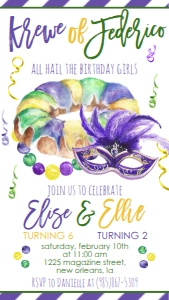 Mardi Gras Birthday Krewe Sibling Text Invite: Mardi Gras Birthday Krewe Sibling