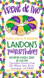 Mardi Gras Birthday Krewe de Two Text Invite: Mardi Gras Birthday Krewe de Two