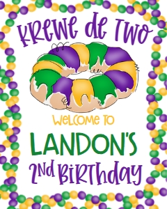 Mardi Gras Birthday Krewe de Two Welcome Sign: Mardi Gras Birthday Krewe de Two