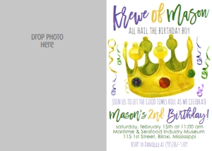 Mardi Gras Boy Birthday Crown Photo Invite: Mardi Gras Boy Birthday Crown