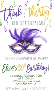 Mardi Gras Birthday Mask 30 Text Invite: Mardi Gras Birthday Mask 30