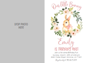 Birthday Bunny Pink Floral Wreath Photo Invite: Birthday Bunny Pink Floral Wreath