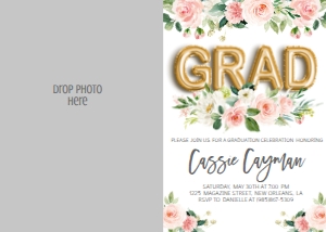 Graduation Foil Balloon Gold Pink Floral GRAD Photo Invite: Graduation Foil Balloon Gold Pink Floral GRAD