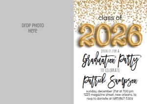 Graduation Party Foil Balloon Class of 2026 Gold Confetti Photo Invite: Graduation Party Foil Balloon Class of 2023 Gold Confetti