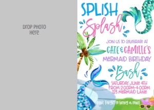 Birthday Waterslide Mermaid Party Photo Invite: Birthday Mermaid Pool Party