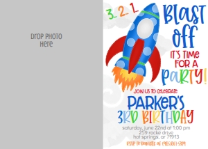 Birthday Rocket Blast Off Blue Photo Invite: Birthday Rocket Blast Off Blue