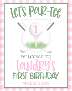Birthday Golf Pink Gingham Welcome Sign: Birthday Golf Pink Gingham