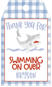 Birthday Shark Blue Gingham Favor Tag: Birthday Shark Blue Gingham