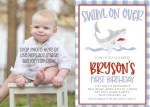 Birthday Shark Blue Gingham Photo Invite: Birthday Shark Blue Gingham