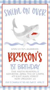 Birthday Shark Blue Gingham Smartphone Invite: Birthday Shark Blue Gingham