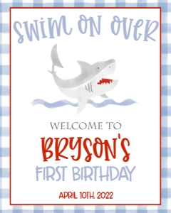 Birthday Shark Blue Gingham Welcome Sign: Birthday Shark Blue Gingham