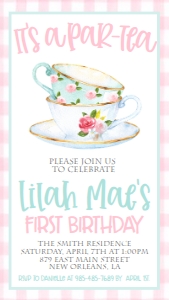 Birthday Tea Party Pink Gingham Text Invite: Birthday Tea Party Pink Gingham