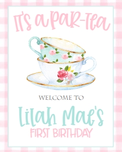Birthday Tea Party Pink Gingham Welcome Sign: Birthday Tea Party Pink Gingham