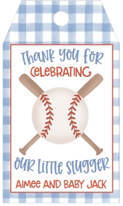 Baby Shower Baseball Blue Gingham Favor Tag: Baby Shower Baseball Blue Gingham