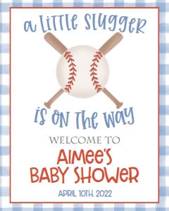 Baby Shower Baseball Blue Gingham Welcome Sign: Baby Shower Baseball Blue Gingham