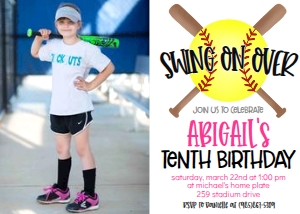 Birthday Softball Bat X Pink Photo Invite: Birthday Softball Bat X Pink
