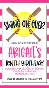Birthday Softball Bat X Pink Text Invite: Birthday Softball Bat X Pink