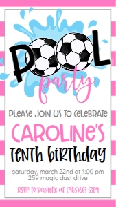 Birthday Soccer Pool Party Pink V2 Text Invite: Birthday Soccer Pool Party Pink V2