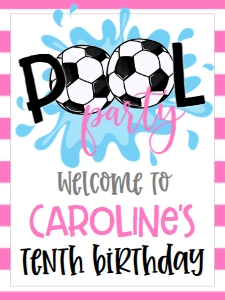 Birthday Soccer Pool Party Pink V2 Welcome Sign: Birthday Soccer Pool Party Pink V2