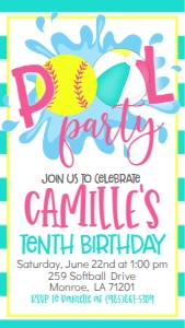 Birthday Softball Pool Party Pink V3 Text Invite: Birthday Softball Pool Party Pink V3