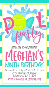 Birthday Tennis Pool Party Pink V3 Text Invite: Birthday Tennis Pool Party Pink V3