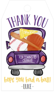 Birthday Baseball Truck Purple Gold BT2 Favor Tag: Birthday Baseball Truck Purple Gold BT2