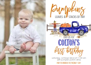 Birthday Pumpkin Blue Truck Leaves Hay Photo Invite: Birthday Blue Pumpkin Truck Boy