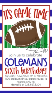 Birthday Football Stripes Blue Red Text Invite: Birthday Football Stripes Blue Red