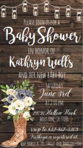 Baby Shower Blue Floral Rustic Boot Invitation Text Invite: Baby Shower Blue Floral Rustic Boot Invitation 531088263