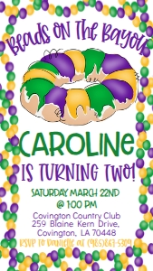 Mardi Gras Birthday Beads on Bayou two Text Invite: Mardi Gras Birthday Beads on Bayou two