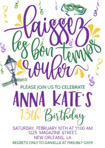 Mardi Gras Laissez Script Birthday Invite design preview