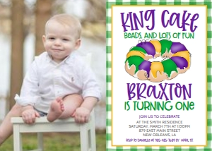 Birthday King Cake Green Gingham Photo Invite: Birthday King Cake Green Gingham