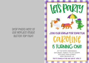 Birthday Mardi Gras Parade Purple Gingham Photo Invite: Birthday Mardi Gras Parade Purple Gingham